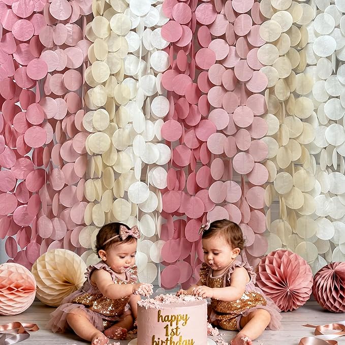 205 Ft Dusty Rose Pink Party Decorations Dusty Pink Khaki Beige Circle Dot Backdrop Garland Tissue Paper Polka Dots Hanging Streamer for Girl Baby Shower Birthday Wedding Bridal Shower Party Supplies