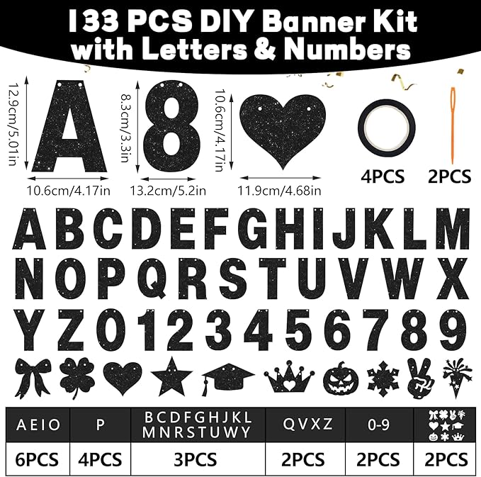 133PCS DIY Banner Kit with Letters Symbols,Make Your Own Banner,Personalized Black Banner Custom Party Banner for Birthday/Graduation/Thanksgiving/Halloween/Valentine's Day/Retirement (Black)