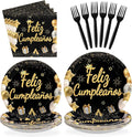96Pcs Feliz Cumpleaños Decoration Black and Gold Plates and Napkins Mexican Fiesta Happy Birthday Tableware Set for Men Women Spanish Black and Gold Birthday Party Supplies, Serves 24