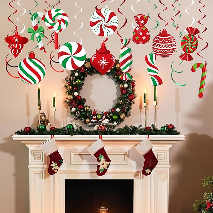 Funrous 56 Pcs Christmas Peppermint Candy Hanging Swirls Decorations Red and White Holiday Party Streamers for Home Winter Holiday Christmas Party Decor(Red White Green)
