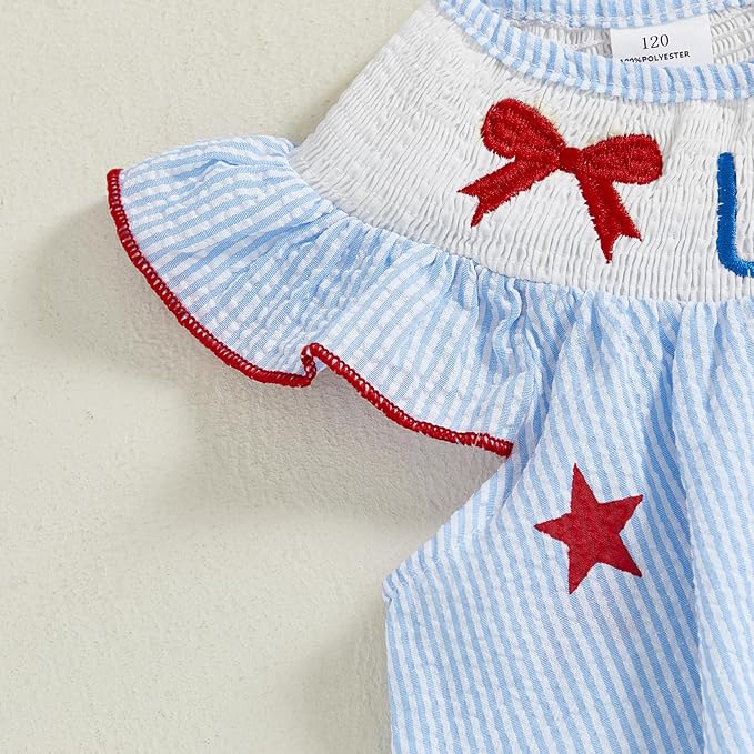 MoZiKQin 4th of July Baby Girl Outfit Toddler USA Dress Ruffle Sleeve American Flag Smocked Dresses Fourth of July Outfit