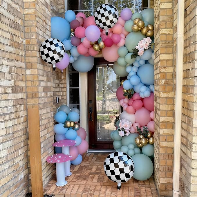 Pink Blue Green Balloons Garland Arch Kit, 125Pcs Pastel Pink Blue Purple Balloons, Dusty Green Hot Pink Gold Balloon Checkered Foil Balloon for Princess Fairy Birthday Spring Garden Tea Party Decor