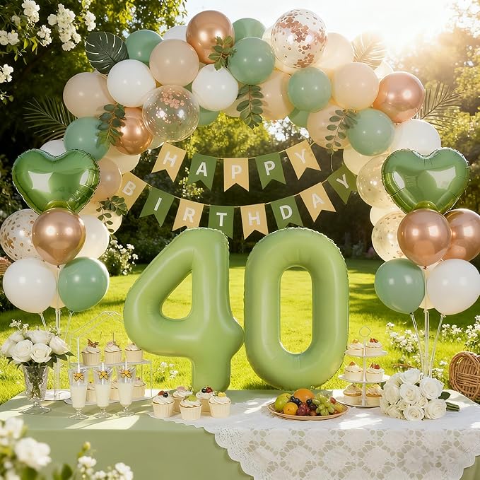 Sage Green 40th Birthday Decorations, Fabulous 40 Party Supplies for Women Men, Sand White & Cream Balloon Kit with Green Number 40 Balloon and Fringe Curtains