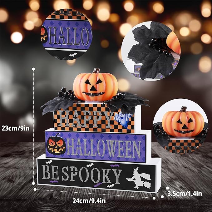 BlcTec Halloween Decorations Indoor, Premium Wood Block Sign with Lighted 3D Letters, Pumpkin, Maples & Berries, Timer Battery Operated Halloween Décor for Home Tabletop, Mantle, Shelf, Tiered Tray