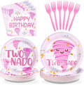 Grencian 96Pcs Two Nado Party Supplies Pink Tornado 2nd Birthday Plates and Napkins Tableware Sets Two Nado Party Decorations Favors for Girls Baby Shower 2 Year Old Birthday Supplies Serves 24