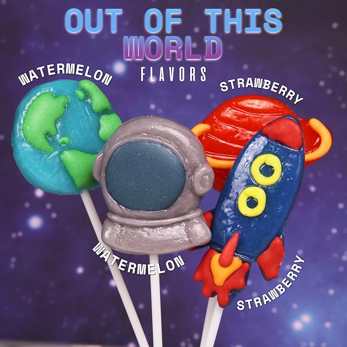 Space Lollipops, Galaxy Themed Birthday Party Treats, Individually Wrapped Candy Rocket, Earth, Saturn & Astronaut Suckers, 18 Pieces