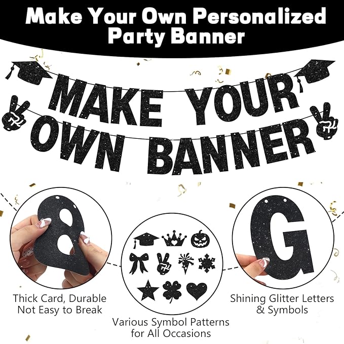 133PCS DIY Banner Kit with Letters Symbols,Make Your Own Banner,Personalized Black Banner Custom Party Banner for Birthday/Graduation/Thanksgiving/Halloween/Valentine's Day/Retirement (Black)