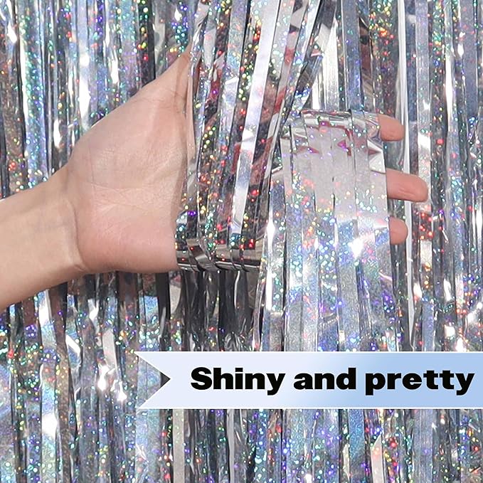 6 Pack Silver Foil Fringe Curtains Backdrop, 3.28 x 8.2 Ft Metallic Streamers Tinsel Curtains Background for Photo Booth, Birthday, Christmas, Halloween, Thanksgiving, New Year Party Decorations