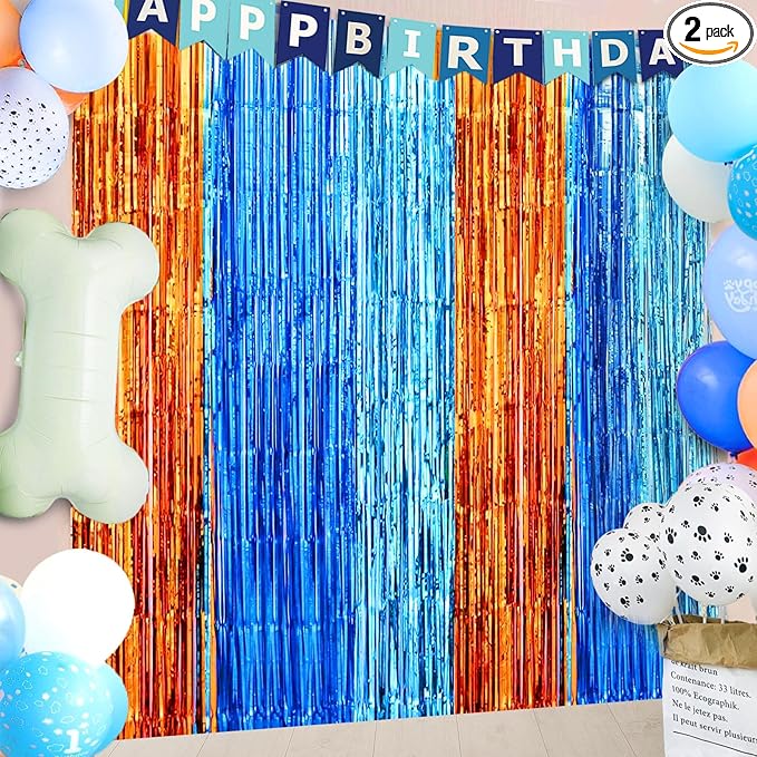 MYUPDALIN 2 Pack Blue Dog Party Decorations Foil Tinsel Photo Booth Prop Backdrop Fringe Curtains Birthday Party Supplies