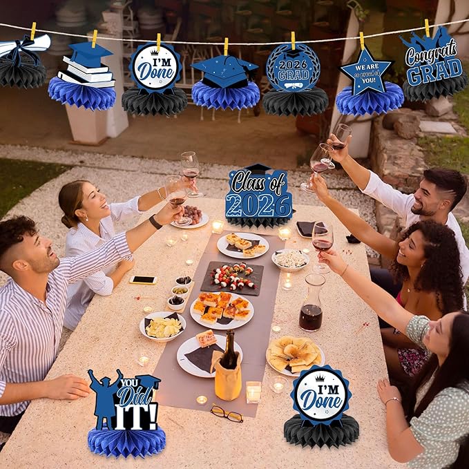 Yisong 9 Pieces 2026 Graduation Party Table Decorations Class of 2026 Congrats Graduation Centerpieces for Tables Congratulate Honeycomb Centerpiece Topper for Grad Party Supplies(Blue)
