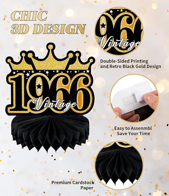 9 Pcs 60th Birthday Decoration for Men Women 60th Birthday Centerpieces for Tables Cheers to 60 Years Birthday Honeycomb Decor Birthday Table Topper Black and Gold 60th Birthday Party Favors