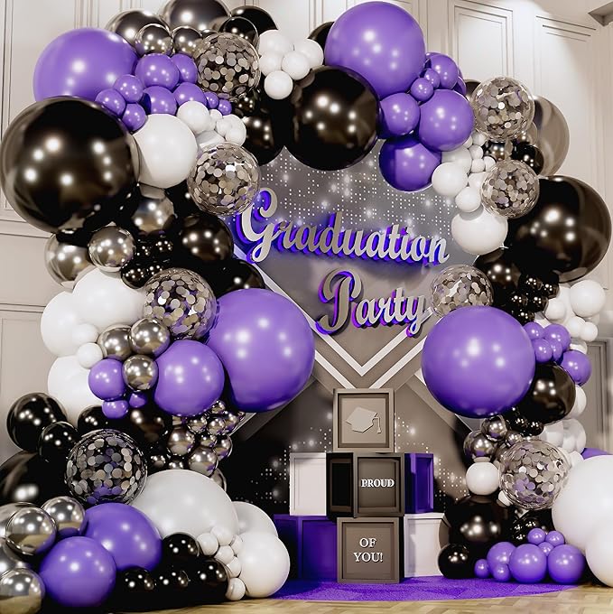 ALL-IN-1 Purple and Black White Balloons Garland & Arch Kit – Small and Large White Purple and Black Balloons – Party Decorations for Graduations, Birthdays, Retirement, Halloween – Wednesday