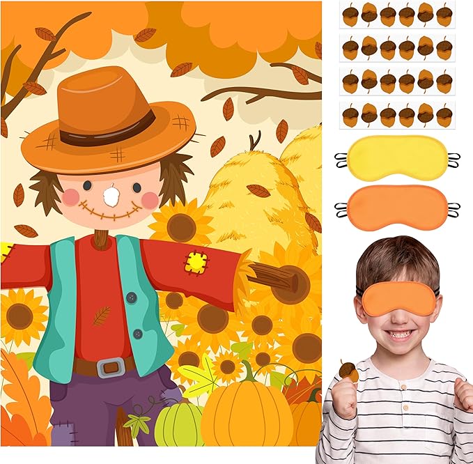 Fall Themed Pin the Nose On the Scarecrow Party Game Poster with 24 Pcs Acorn Stickers Fun Autumn Harvest Party Activity Decorations Supplies for Thanksgiving Halloween Fall Festivals Birthday