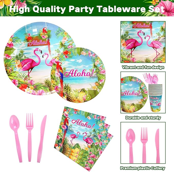 175 Pcs Aloha Tropical Flamingo Party Supplies Set - Serves 25, Hawaiian Luau Disposable Tableware, Includes Plates, Cups, Napkins, Forks, Spoons, Knives for Summer Beach Birthday Pool Decorations