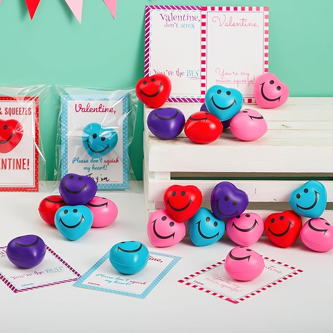 JOYIN 28 Packs Heart Shape Stress Ball with Cards Stress Relief Fidget Toy for Valentine Party Favors, Classroom Prize Supplies, Valentine’s Greeting Cards, Valentine Exchange Gifts