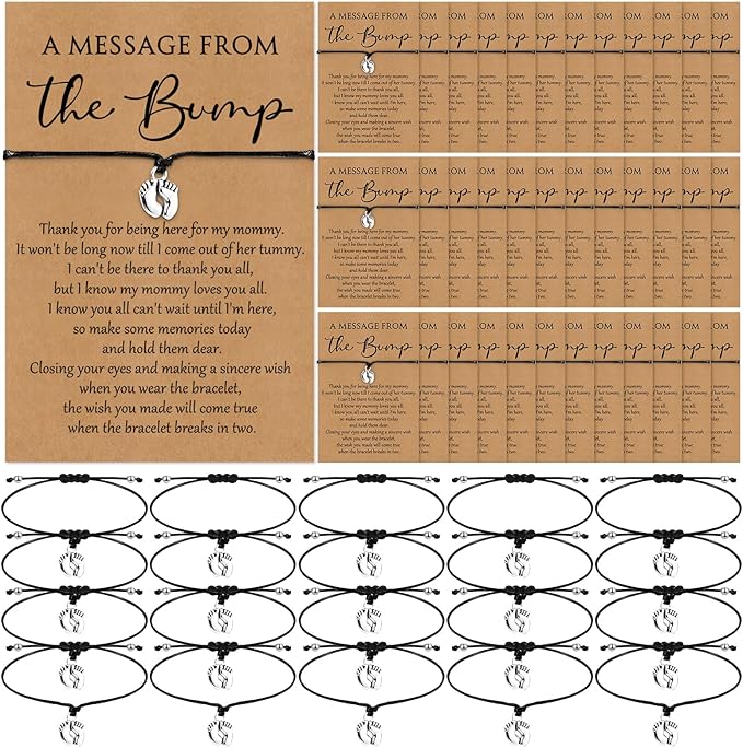 Thyle 50 Set Kraft Baby Shower Favors for Guests Adjustable Bracelets with Message from The Bump Card Footprints Charm Baby Shower Bracelets for Gender Reveal Thank You Gifts