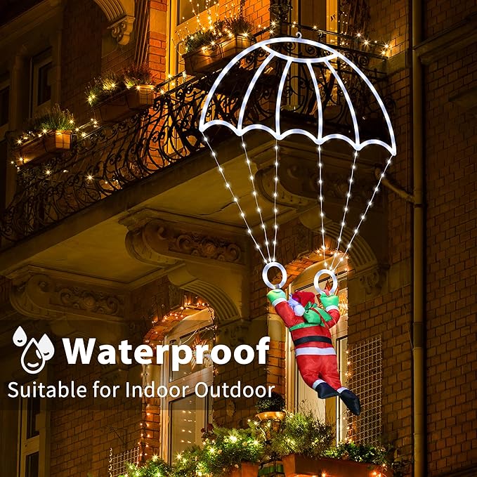 Toodour Christmas Decorations Lights Outdoor, 2.8FT Christmas Parachute Lights with Santa Claus, Waterproof 8 Modes Hanging White Xmas Light - Holiday Decorative Light for Indoor Eave Roof