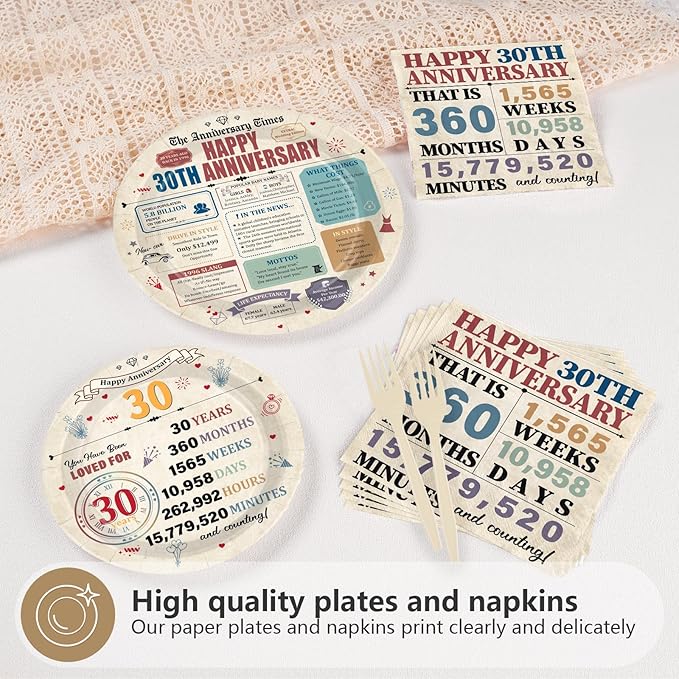 96Pcs 30th Anniversary Party Decorations Retro 30 Years Plates and Napkins 30th Anniversary Disposable Tableware Set for Vintage 30 Year Wedding Company Party Supplies Serves 24
