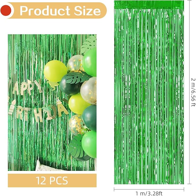 12 Pack Green Foil Curtain Backdrop 3.2ft x 6.6ft Metallic Tinsel Fringe Backdrop Curtains Streamer Photo Booth Backdrop for Birthday Engagement Bachelorette Christmas Holiday Party Decorations