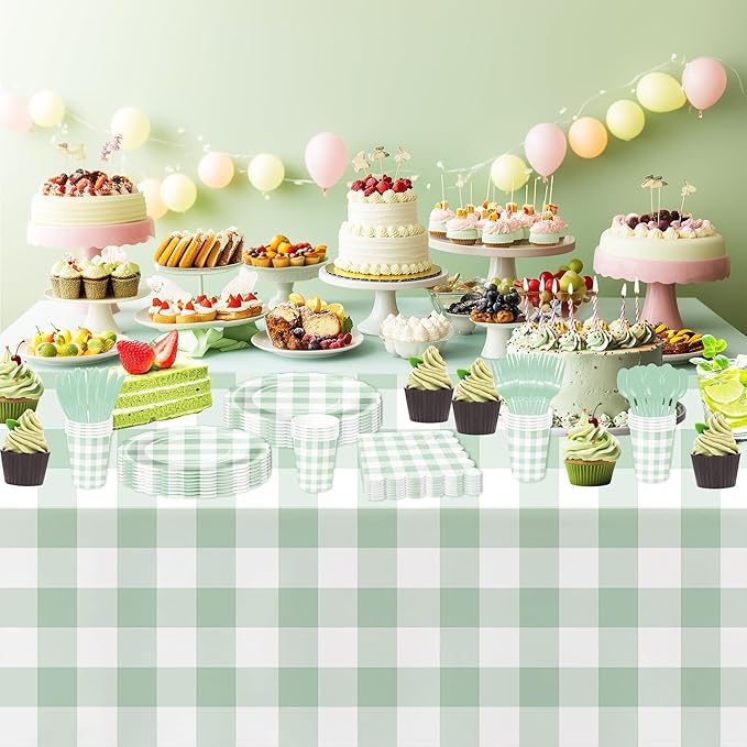 Sage Green Gingham Party Tablecloth Decorations, 3 Pack Green Checkered Disposable Plaid Party Supplies Tablecover, for Birthday Baby Shower Bridal Wedding, 55in x 86in