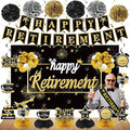 20PCS Happy Retirement Party Decorations Kit for Men Women, Kuxriox Black Gold Retirement Backdrop Balloon Honeycomb Centerpiece Swirl Paper Pompom Party Supplies, Retired Sash Table Topper Swirls Set