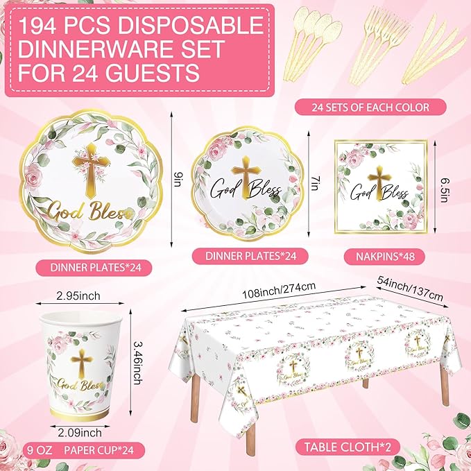 Pickmesh 194 Pcs God Bless Baptism Party Decoration Girl for 24, Pink Floral Baptism Paper Plate Napkin Cup Tablecloth Cutlery First Holy Communion Tableware for Christening Baby Shower Supply