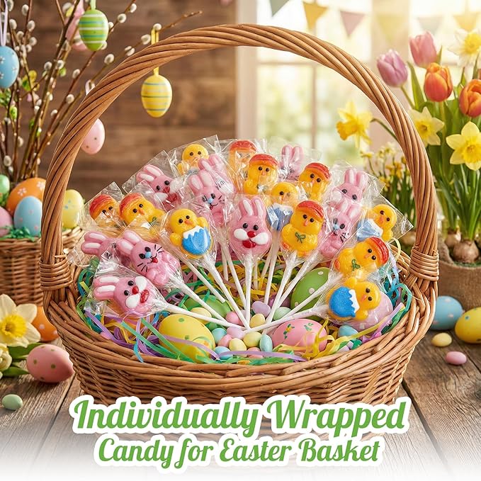 Easter Bunny Lollipops With Natural Colors – 24 Count Individually Wrapped Candy Pops, Bunny And Chick Shaped Lollipops For Easter Baskets, Egg Hunt Party Favors, And Spring Candy For Kids.