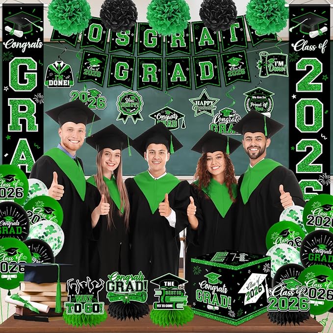 Graduation Decorations Class of 2026,Green Graduation Decorations 2026- Congrats Grad Decorations Banner ＆ Hanging Swirls,Graduation Card Box,Paper Pompoms,Balloons,Porch Sign for College Grad Party