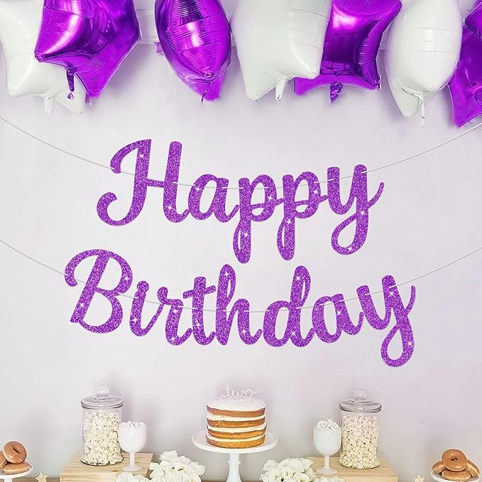Glitter Happy Birthday Banner Sig Birthday Garland Wall Door Banners Flag for Women Men Boys Girls Party Backdrop Decorations Purple