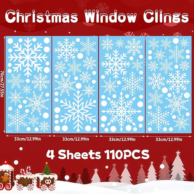 110 PCS Christmas Large Snowflake Window Clings Decoration, Christmas Window Stickers, Xmas Party, Holiday Decor, Indoor Windows Décor Ornaments, Thanksgiving Party Décor, Winter Wonderland.