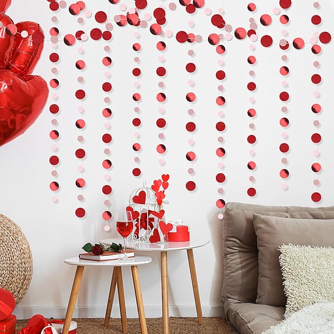 Outus 5 Pieces Red,Pink Round Dots Garland Easter Graduation Party Hanging Decor Each Length 13.1ft Glitter Paper Dot Streamers for Birthday Wedding Classroom
