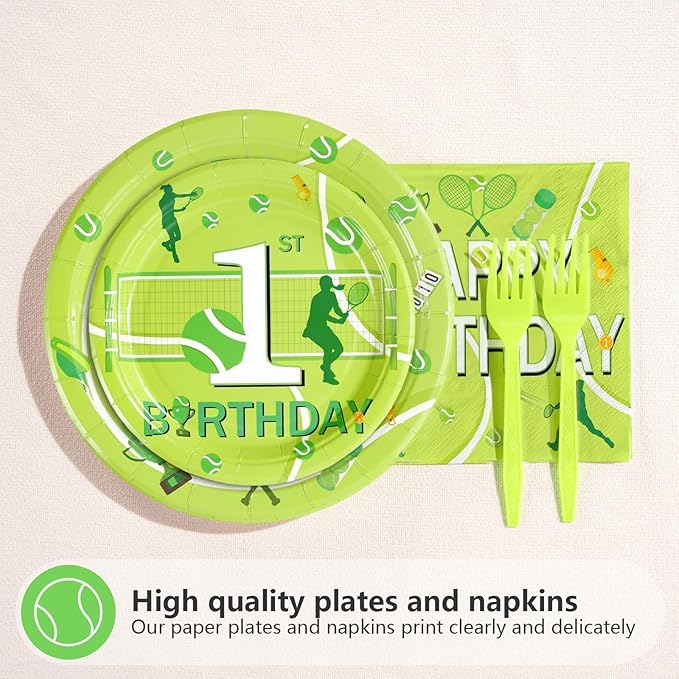 96Pcs Tennis Ball First Birthday Decorations Tennis Party Decorations Plates and Napkins 1st Tableware Set for Baby Boys Girls First Birthday Baby Baptism Party Supplies Serves 24