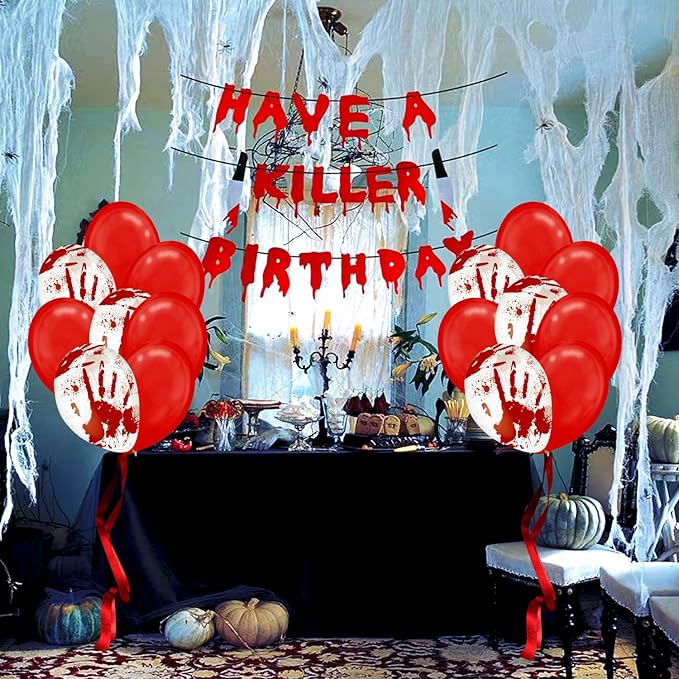 Leesoot 16pcs 12inch Red + Blood Handprint Balloons + Have a Killer Birthday Party Banner for Halloween Bloody Party Spooky Party Terror Decoration Zombie Vampire Party