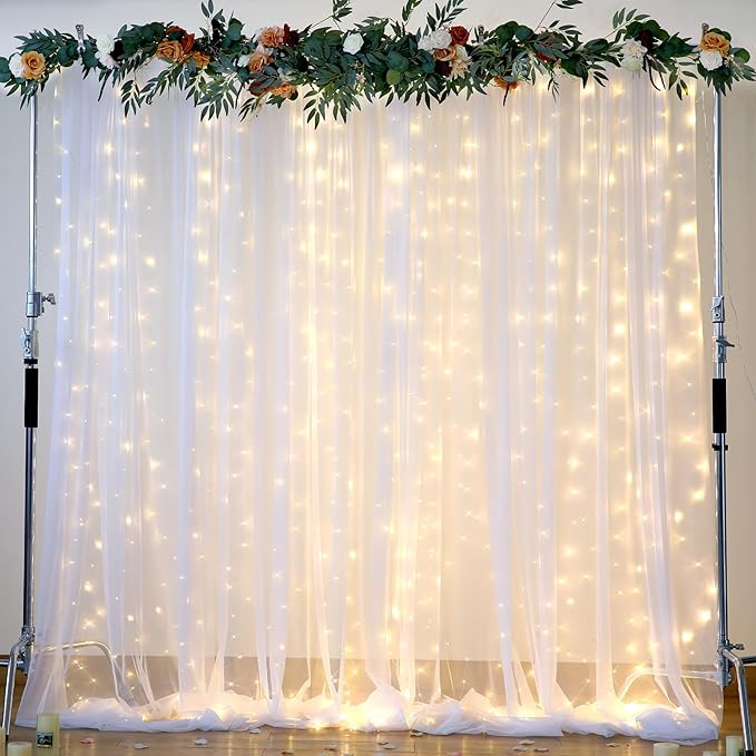 10×12ft White Tulle Backdrop Curtain with Lights String for Parites Sheer Fabric Backdrop Curtains White Curtain Backdrop for Wedding Baby Shower Birthday Party Bridal Shower Photo Shoot Background