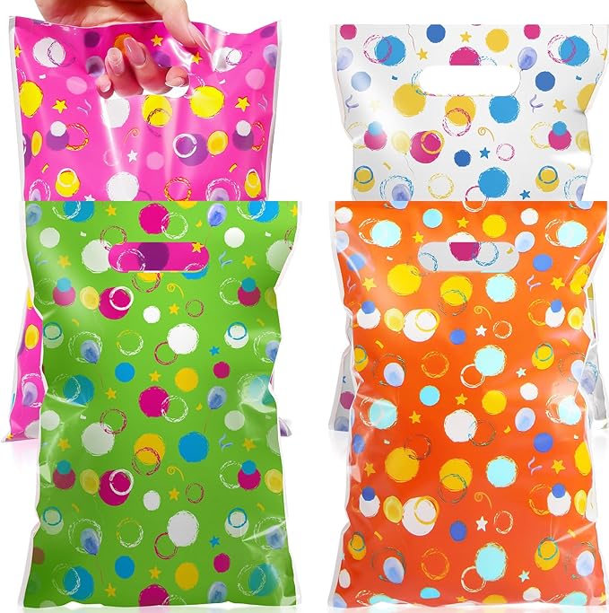 Pasimy 100 Pcs Plastic Party Favor Bags Goodie Bags Polka Dots Star Candy Poouches with Handle for Birthday Back to School Baby Shower Party Supplies Decor