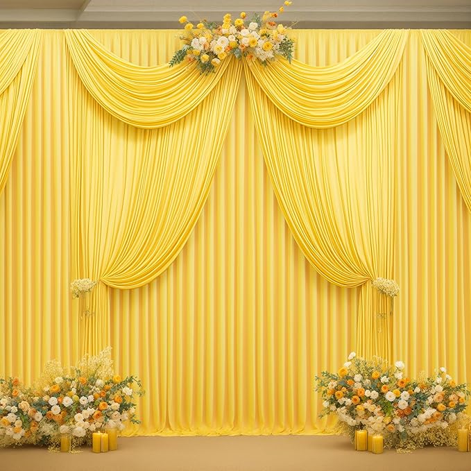 16x10FT Yellow Backdrop Curtains for Wedding Parties, Wrinkle Free Polyester Photography Backdrop Drapes for Wedding Baby Shower Birthday Parties Stage Background Stand Decorations 4x10ft,4 Panels