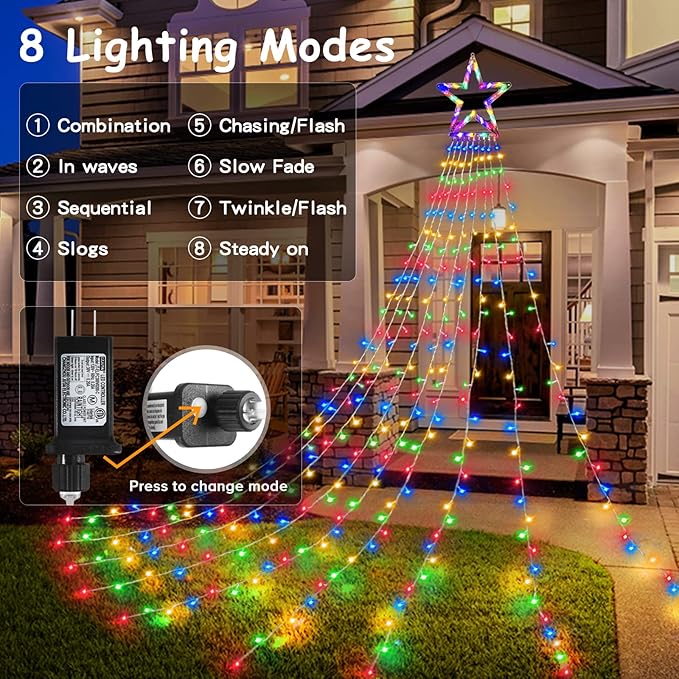 BlcTec Outdoor Christmas Decorations 317 LEDs Christmas Lights with 9 Strands 11.9ft Waterfall Christmas Tree Lights, 8 Modes, Waterproof, Topper Star & Timer for Yard Patio Xmas Décor, Multicolor