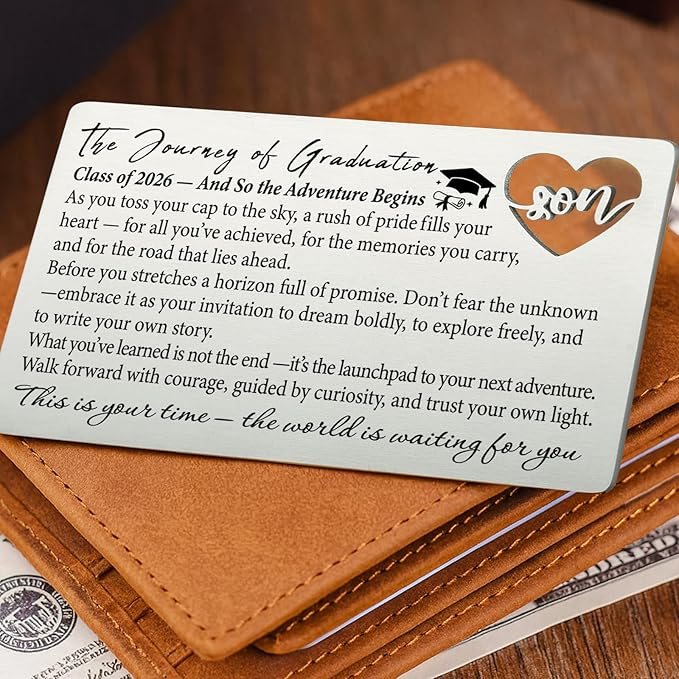 Class of 2026 Graduation Wallet Card for Son from Mom, Laser-Engraved Stainless Steel Insert with Heart Cutout, Inspirational Postcard Keepsake, Graduation Gift for Him College High School QBK12