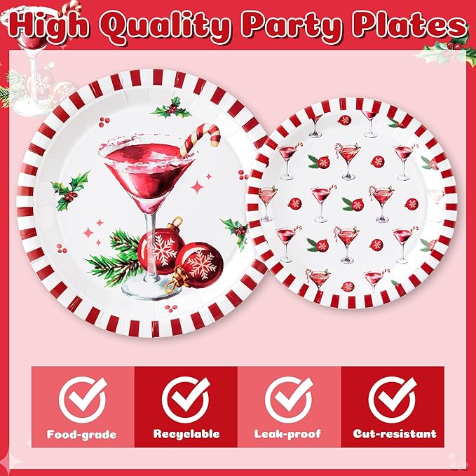 Christmas Cocktail Xmas Martini Cocktail Candy Cane Party Plate Supplies - Serves 24-96Pcs Party Tableware Decoration Disposable Paper Plate Napkin Fork for Winter Holiday Birthday