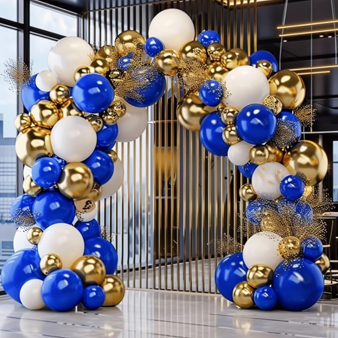 Royal Blue and Gold Balloon Garland Arch Kit, 160Pcs Navy Blue White Chrome Gold Latex Balloons for New Year Wedding Birthday Party Decorations