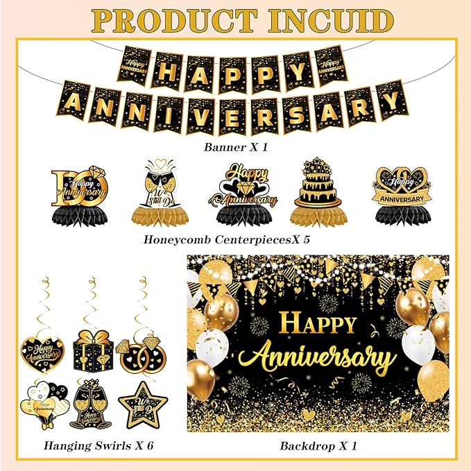 Happy Anniversary Decorations - Black Gold Wedding Party Decorations Kit, Happy Anniversary Banner, Backdrop, Hanging Swirls for Work Decorations (Black Gold)