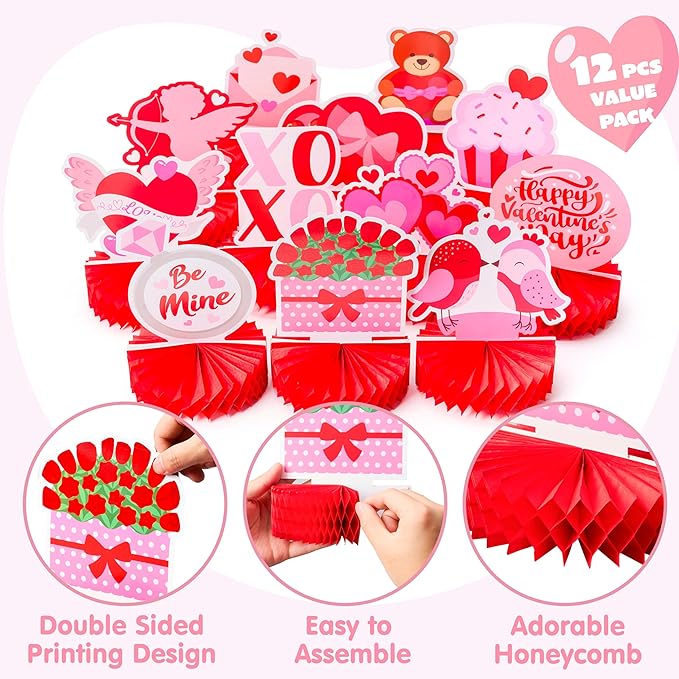 JOYIN 12 Pcs Valentine's Day Honeycomb Centerpieces, Table Decorations with Red Pink Heart Bear , Centerpieces Decor for Kids Birthday Valentine's Day Party Supplies