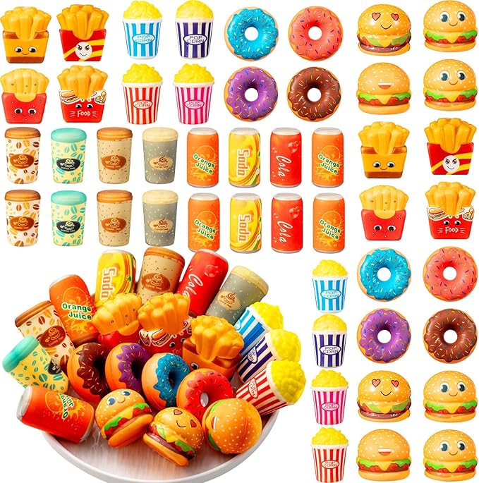 Leyndo 50 Pcs Mini Food Toys Bulk Kids Cute Slow Rising Food Party Favors Kawaii Hamburger Donut Soft Squeeze Sensory Fidget Stress Relief Gifts for Girls Boys Class Prize Goodie Bag Fillers