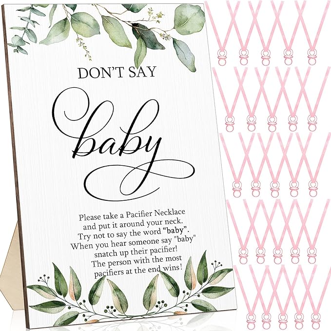Geetery 51 Pcs Don't Say Baby Game Sign Greenery Cool Baby Shower Game 50 Pacifier Necklace Wooden Don't Say Sign Plastic Pacifier Party Favor for Gender Reveal(Greenery,Pink)