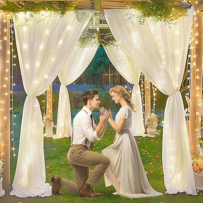 10 x 10ft Ivory Backdrop Curtains with Lights String for Wedding Photo Backdrop Drapes Wrinkle Free Polyester Curtains Backdrop for Baby Shower Birthday Parties Reception Ceremony - 5 x 10ft 2 Panels