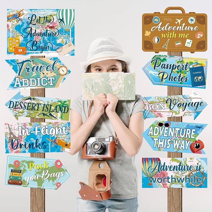 20 Pieces Travel Party Signs Travel Themed Party Decorations Let The Adventure Begin Sign Around the World Decorations Bon Voyage Party Wall Door Porch Yard Sign Travel Party Supplies