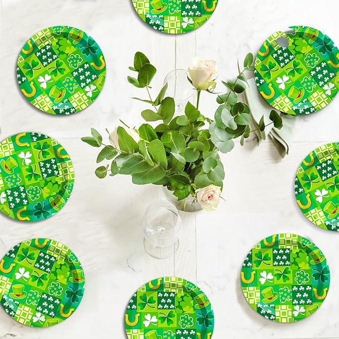 Wiooffen 48 Pcs St. Patrick's Day Paper Plates - Irish Shamrock Disposable Dessert Plates for Party Favors and Table Decor