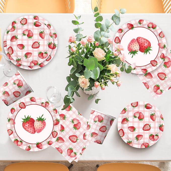 Strawberry Birthday Decorations,144Pcs Strawberry Party Plates,Napkins,Cups Strawberry Party Supplies Summer Fruit Tableware Set for Girls Baby Shower,Berry First Birthday Decor