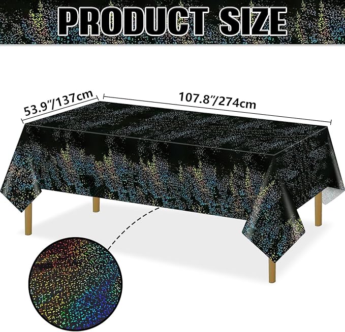 4Pcs Black Holographic Tablecloth Rectangular Black Iridescent Tablecloth Shimmer Metallic Table Covers for Halloween Anniversary Graduation Retirement Party Supplies, 54 x 108inch