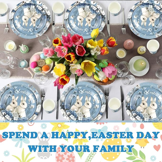 200 Pcs Easter Party Supplies Easter Bunny Hydrangea Decorations Disposable Plates Cups Napkins Set Rustic Farmhouse Tableware Serve 50 Guests Wildflowers Dinnerware for Spring Table Decor